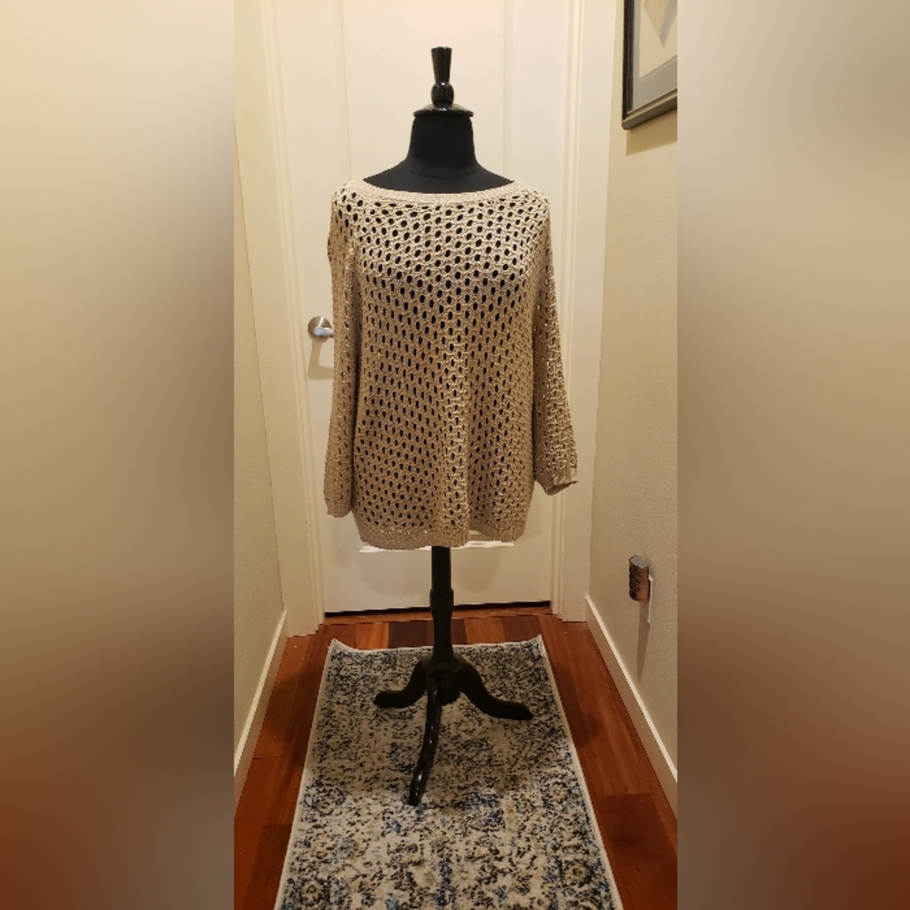 Lucky Brand Gold Thread & Tan Open Knit Womens Sweater